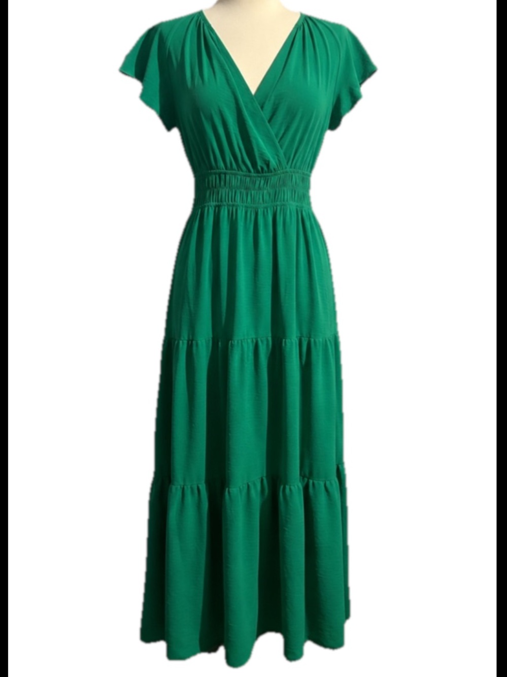 Monteau Emerald Green Flutter Sleeve Tiered Maxi Dress